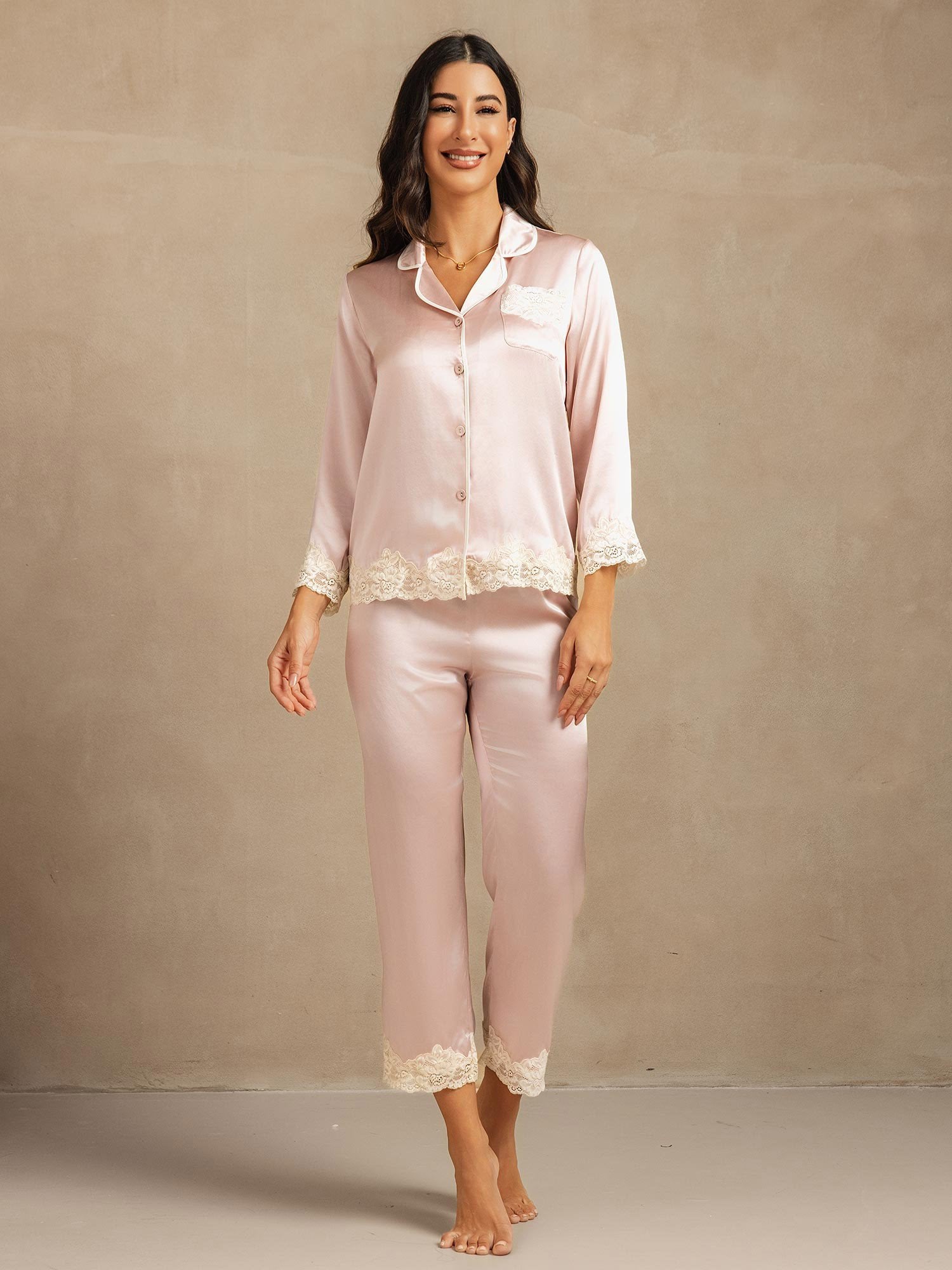 [لونالقرنفل] SilkSilky-SA الحرير الخالص Womens Pajamas 003