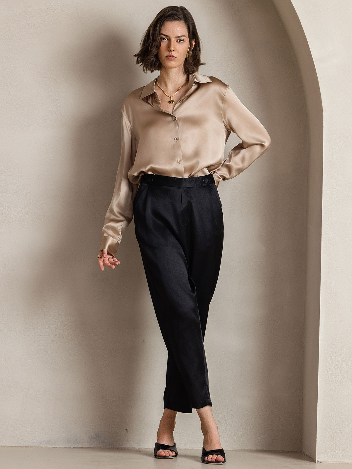 [شامبانيا] SilkSilky-SA الحرير Lapel Collar بلايز نسائية 005