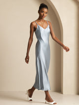 [أزرق رمادي] SilkSilky-SA Sleeveless V Neck فساتين نسائية 004