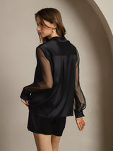 [أسود] SilkSilky-SA 19Momme الحرير Lapel Collar بلايز نسائية 002,