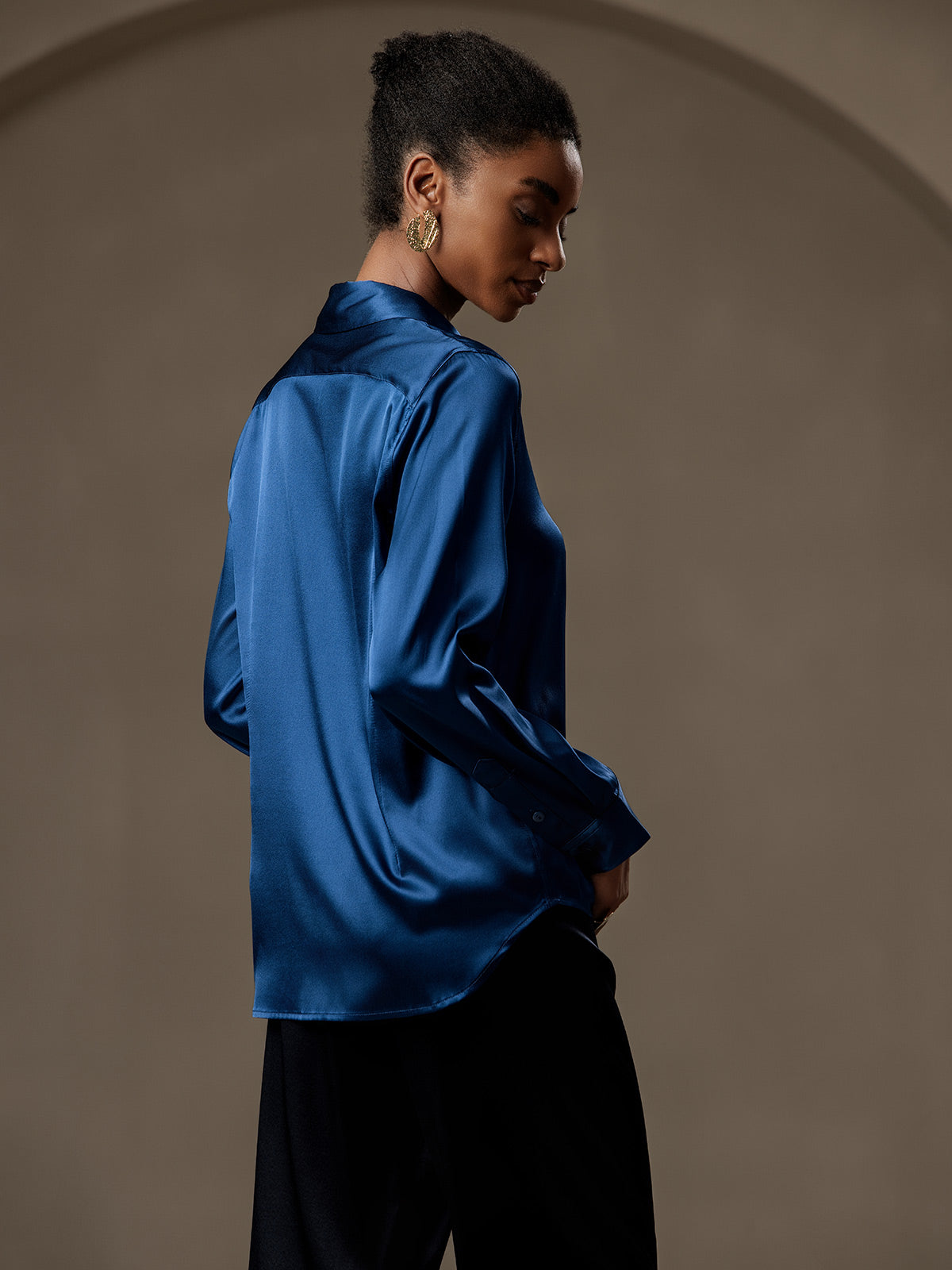 [المياه الخضراء] SilkSilky-SA الحرير Lapel Collar بلايز نسائية 002