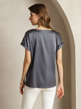 [الرمادي الداكن] SilkSilky-SA Short Sleeve Boat Neck تي شيرت نسائية 002