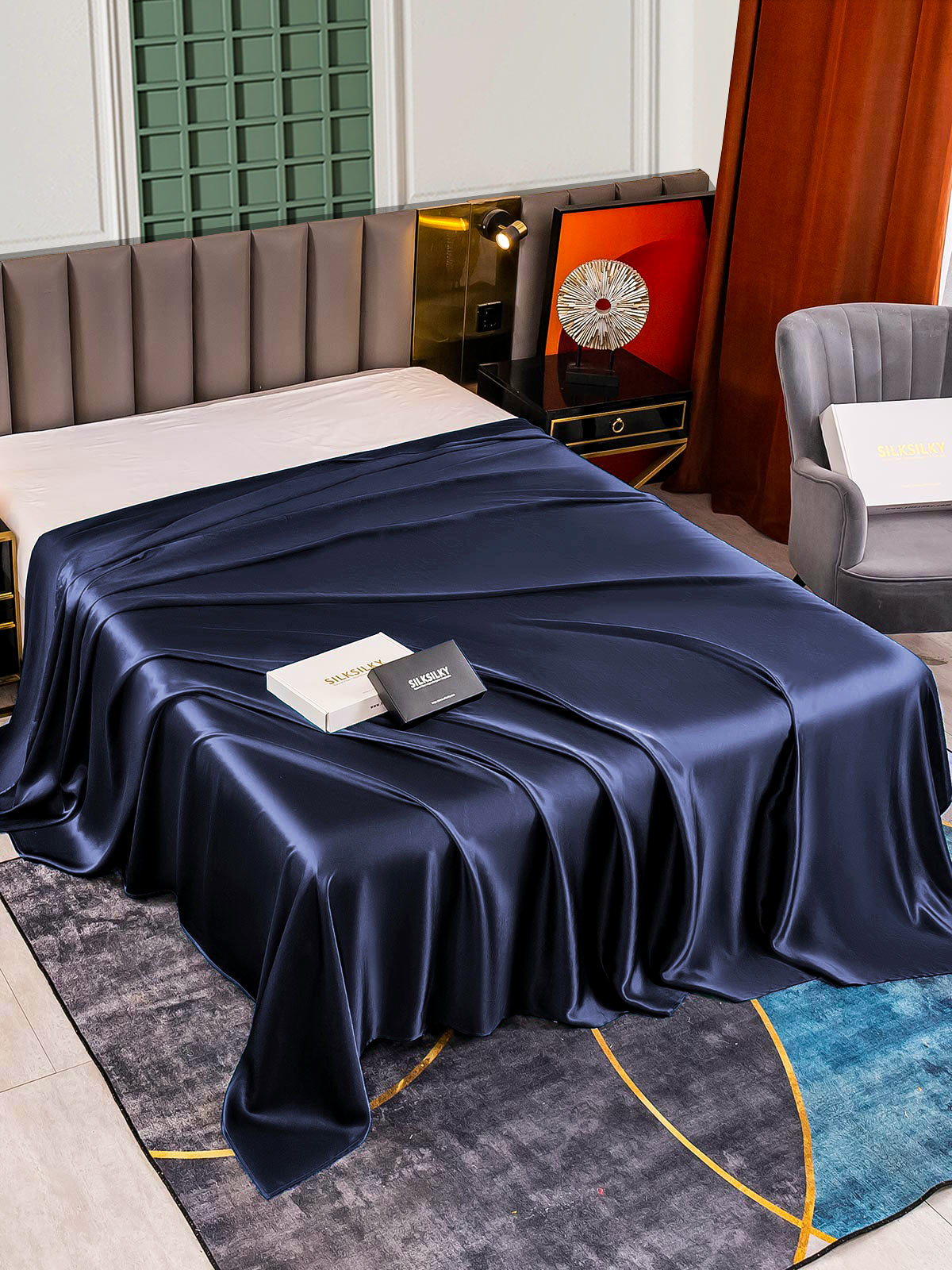 [أزرق غامق] SilkSilky-SA 25Momme غطاء السرير 001