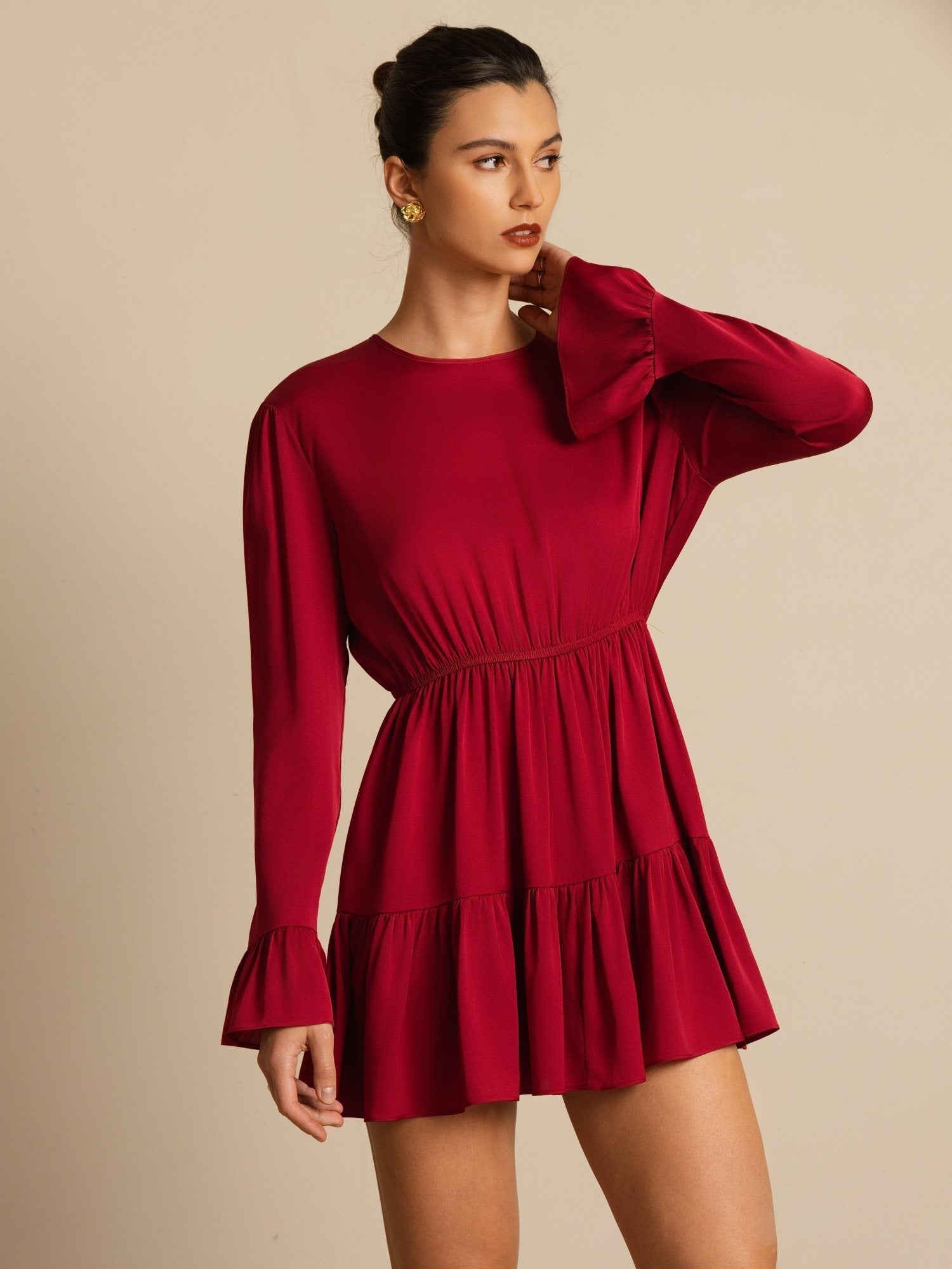 [خمر] SilkSilky-SA 19Momme الحرير الأكمام الطويلة رقبة مستديرة فساتين نسائية 006