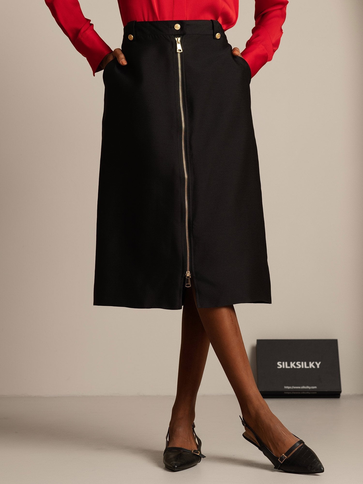 [أسود] SilkSilky-SA 32Momme الحرير Split تنانير نسائية 001,