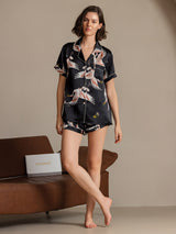 [أسود] SilkSilky-SA Short Sleeve Lapel Collar طقم بيجامة نسائي 006