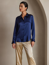 [أزرق غامق] SilkSilky-SA Long Sleeve Lapel Collar بلايز نسائية 001