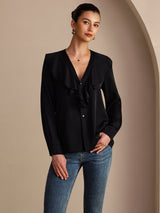 [أسود] SilkSilky-SA Long Sleeve Deep V Neck بلوزات نسائية 001