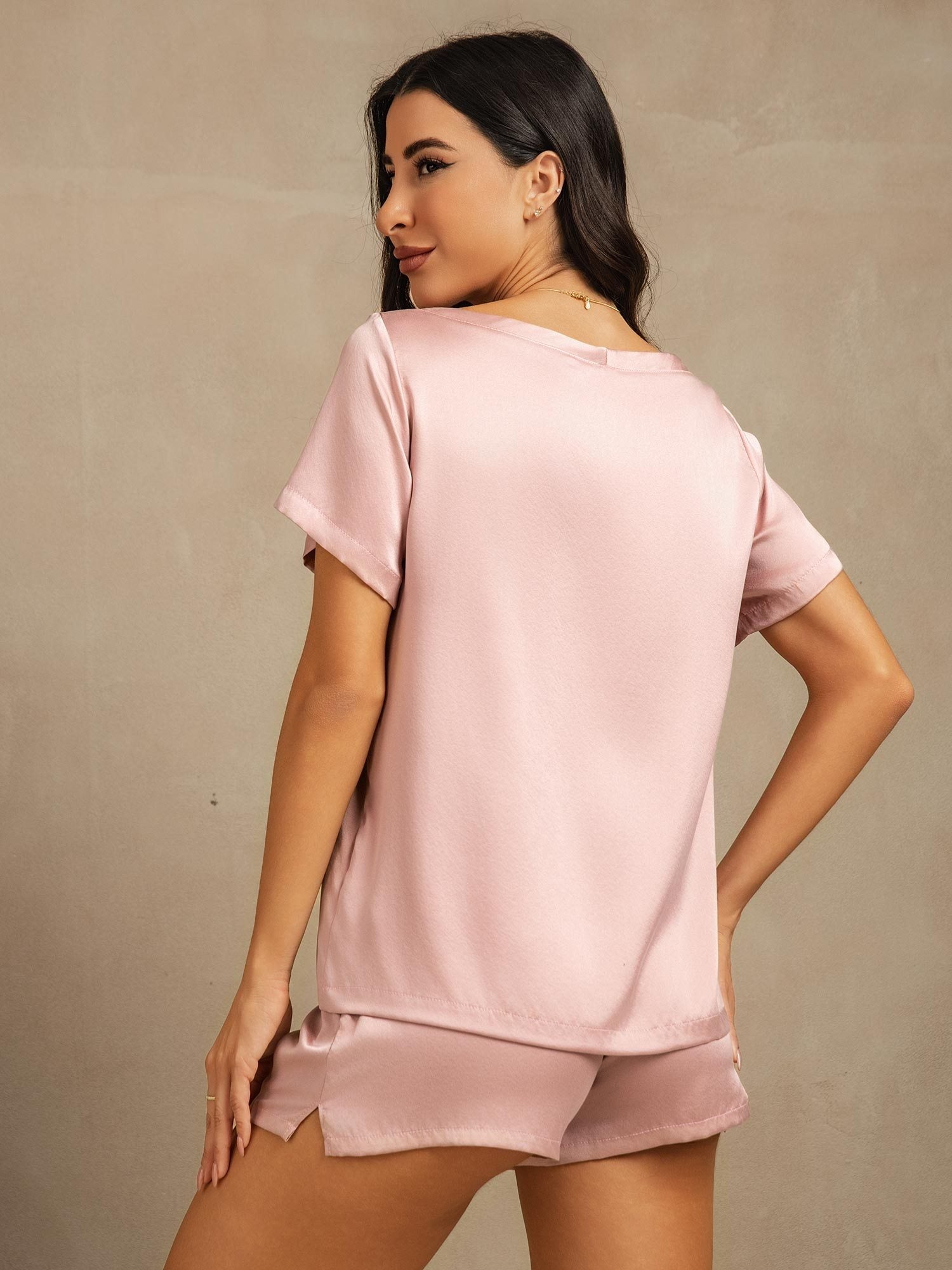 [بشرةالخوخ] SilkSilky-SA 19Momme الحرير رقبة مستديرة طقم بيجامة نسائي 002