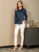 [أزرق غامق] SilkSilky-SA Long Sleeve Lapel Collar بلايز نسائية 006