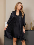 SilkSilky SA الحرير الخالص أكمام بثلاثة أرباع الأطوال Nightgown&Robe Set أسود 001