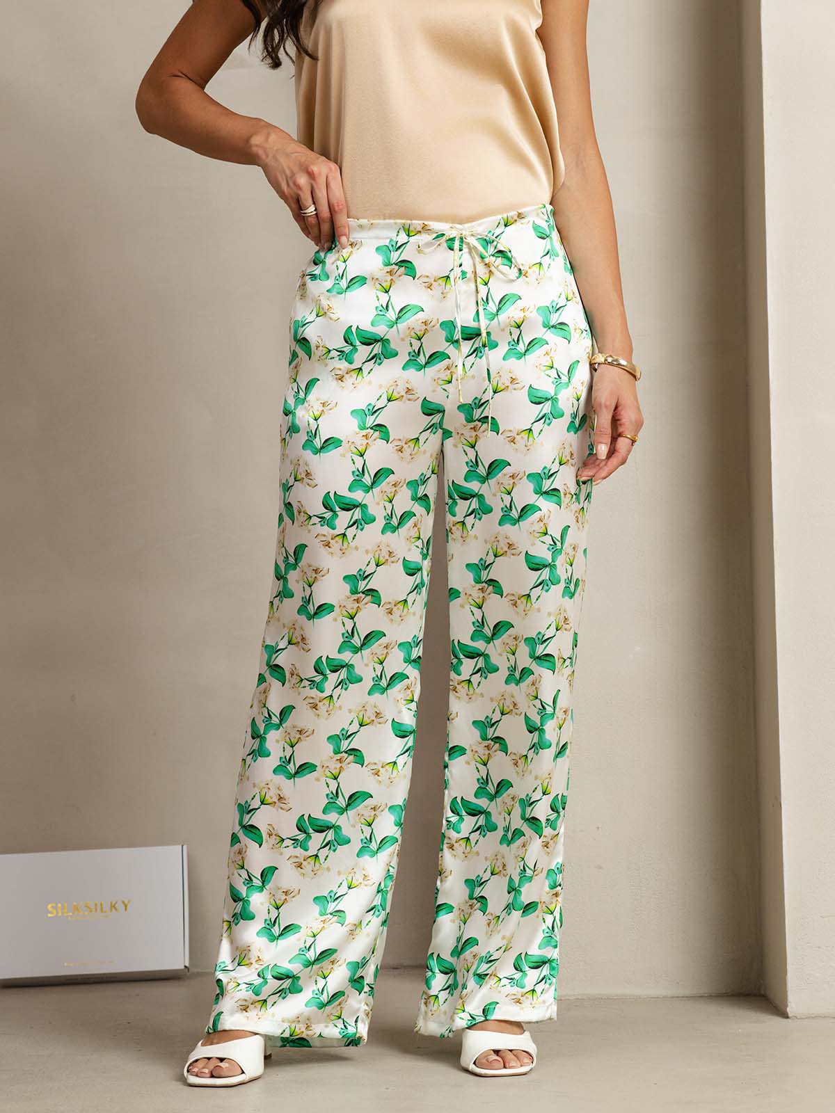 [زهري أخضر] SilkSilky-SA 19Momme الحرير Womens Pants 001