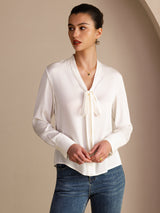 [أبيض] SilkSilky-SA Long Sleeve Tie Neck بلوزات نسائية 004