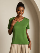 [أخضر] SilkSilky-SA Short Sleeve V Neck تي شيرت نسائية 005