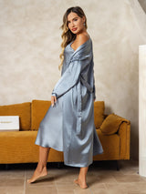 [أزرق رمادي] SilkSilky-SA Long Sleeve V Neck رداء الحمام وقميص النوم 002