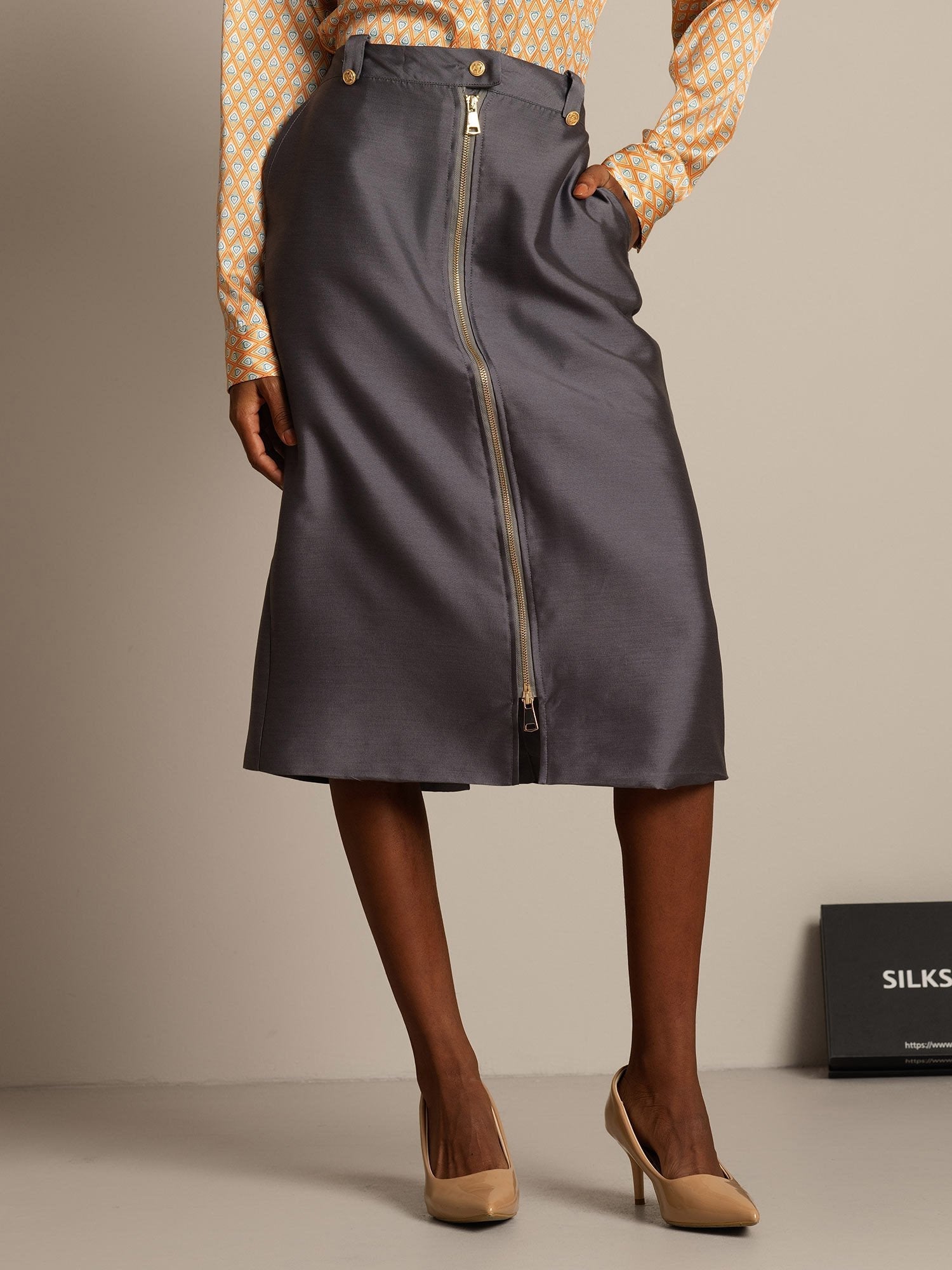 [رمادي] SilkSilky-SA 32Momme الحرير Split تنانير نسائية 003,