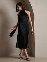[أسود] SilkSilky-SA Sleeveless Tie Neck فساتين نسائية 001
