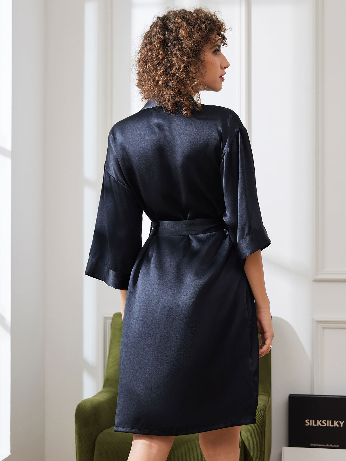 [أسود] SilkSilky-SA الحرير الخالص Womens Robe 002,