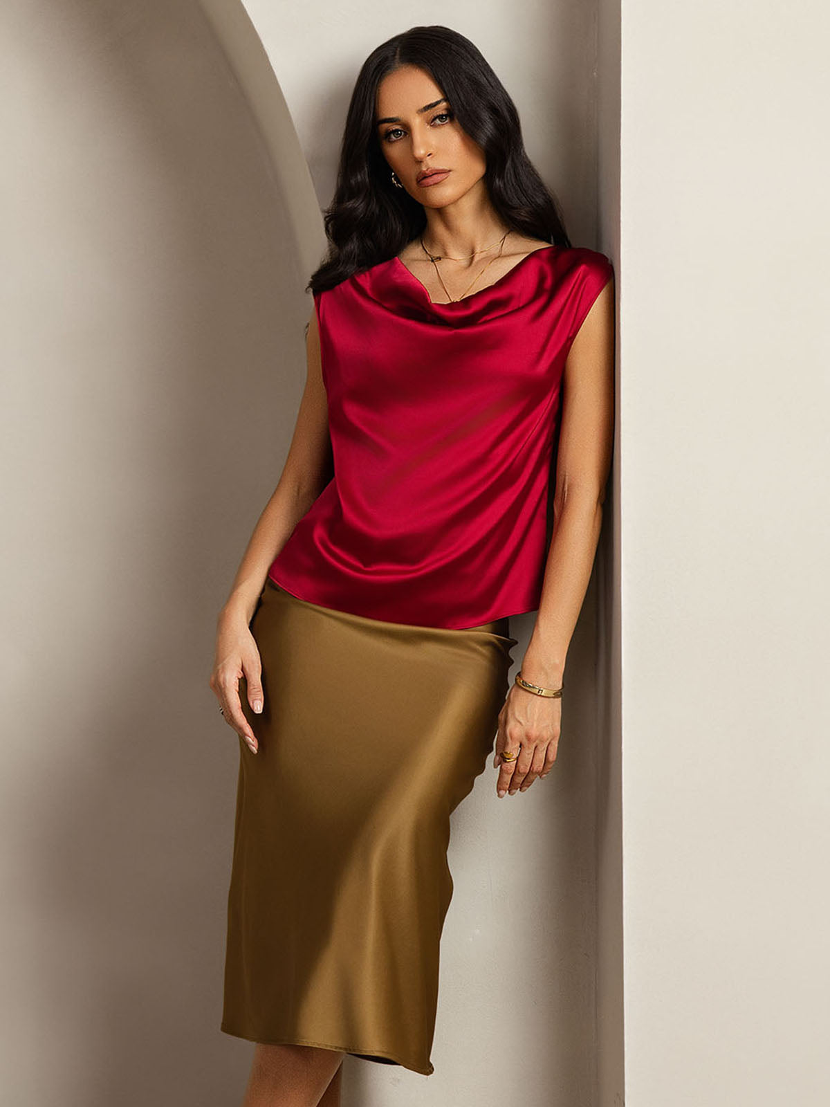 [خمر] SilkSilky-SA 19Momme الحرير فتحة عنق بثنيات ملفوفة تي شيرت نسائية 001,