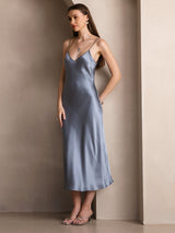 [أزرق رمادي] SilkSilky-SA Sleeveless V Neck فساتين نسائية 006