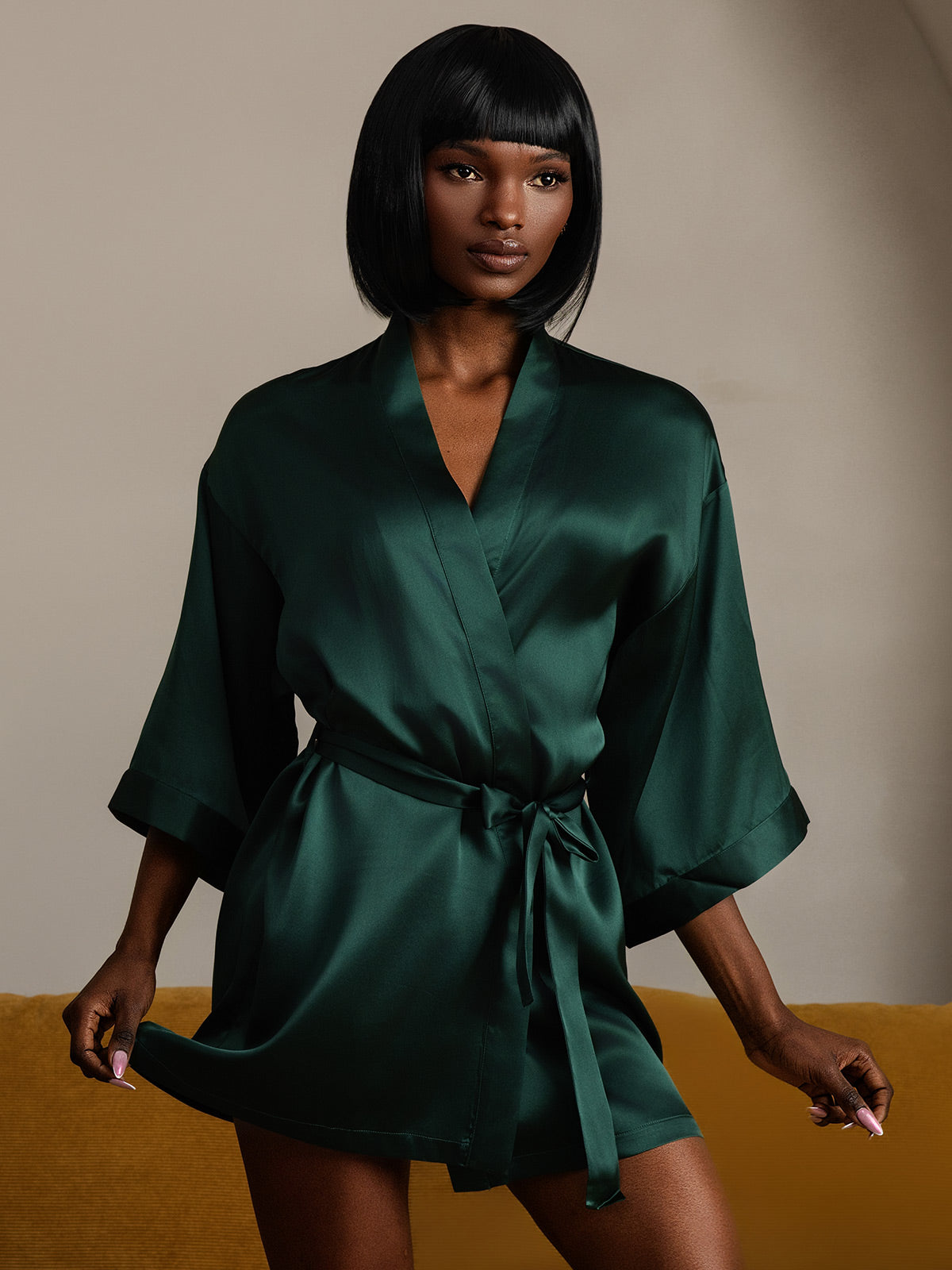 [أخضرغامق] SilkSilky-SA الحرير الخالص نصف الأكمام Womens Robe 004