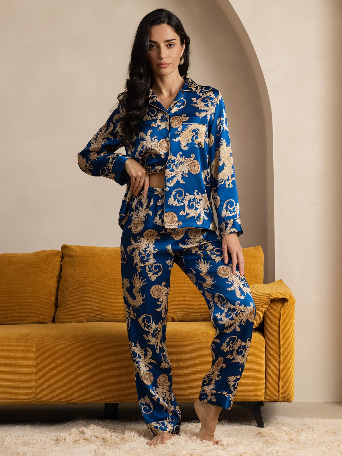 [تنين نيفي] SilkSilky-SA الحرير الخالص Womens Pajamas 004