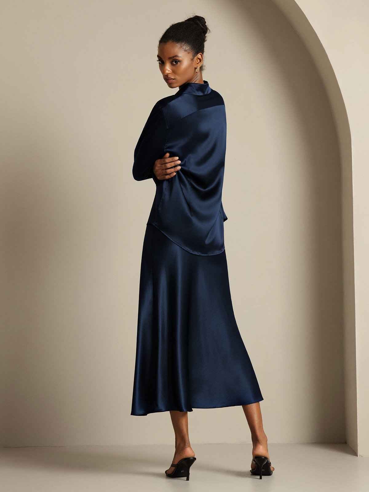 [أزرق غامق] SilkSilky-SA 19Momme الحرير Lapel Collar Women''s Outfit Sets 005,