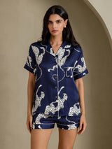 [فهد أزرق داكن] SilkSilky-SA Short Sleeve Notch Collar طقم بيجامة نسائي 004