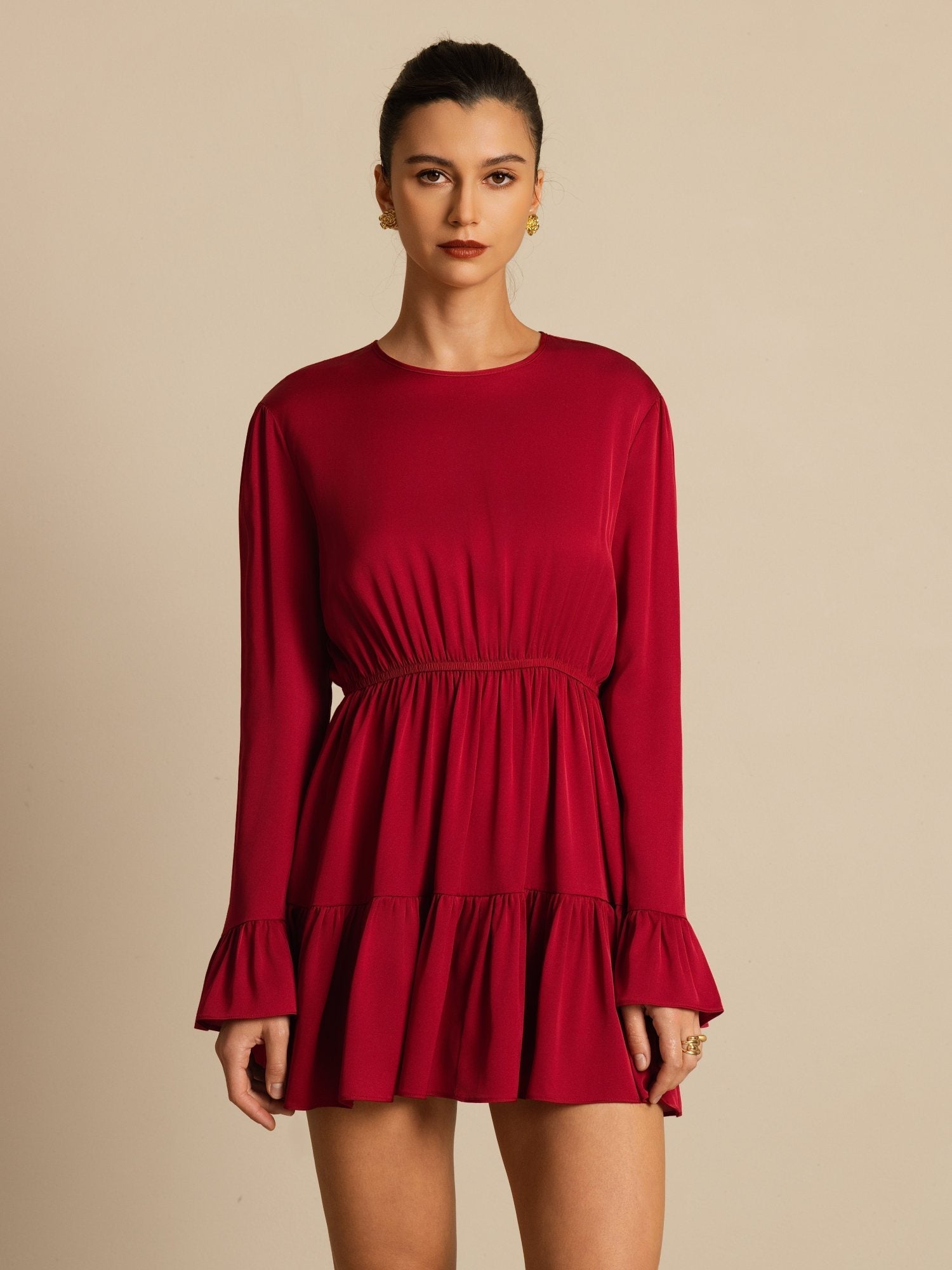 [خمر] SilkSilky-SA 19Momme الحرير الأكمام الطويلة رقبة مستديرة فساتين نسائية 005