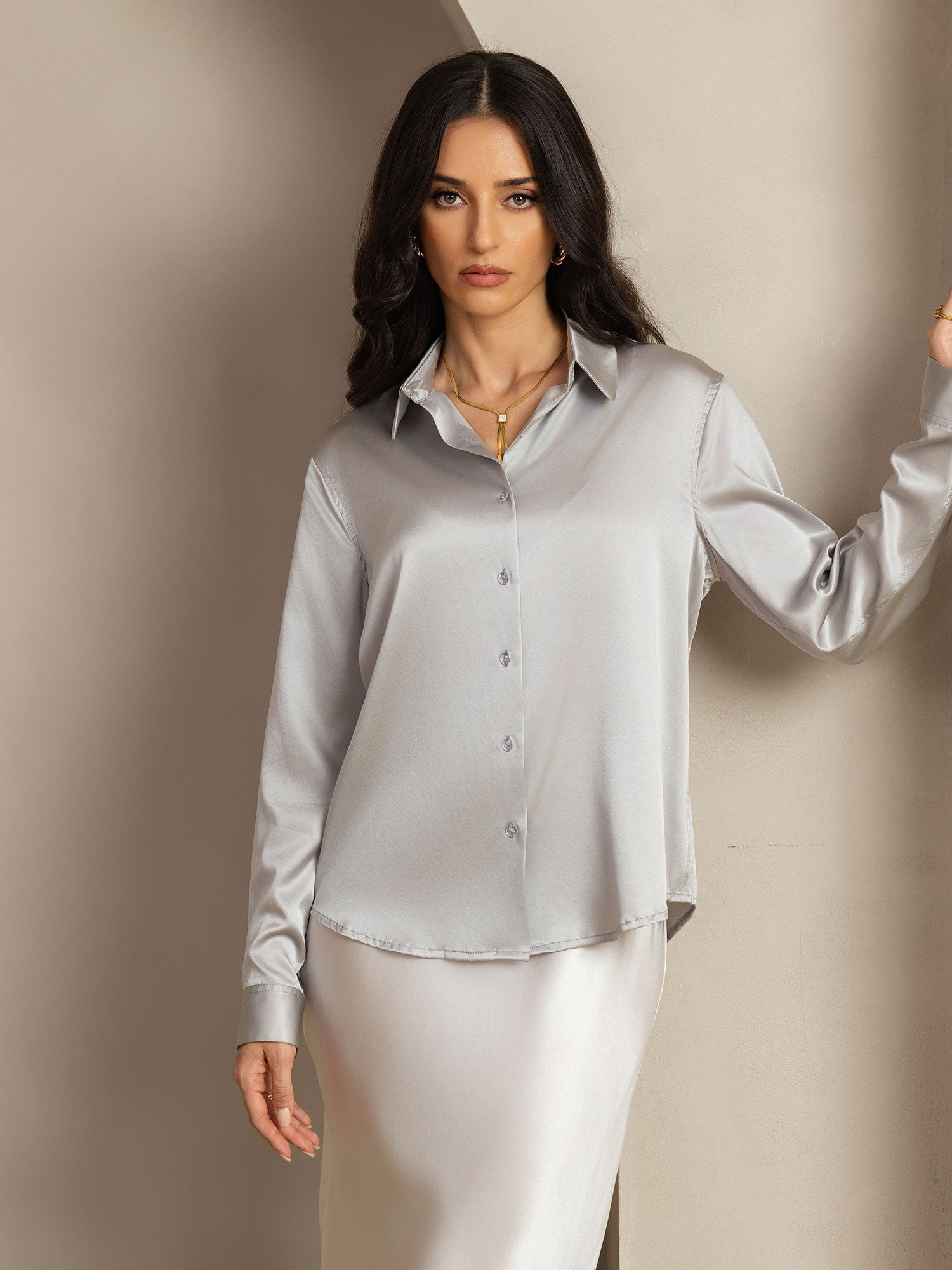 [رمادي فاتح] SilkSilky-SA الحرير Lapel Collar بلايز نسائية 008