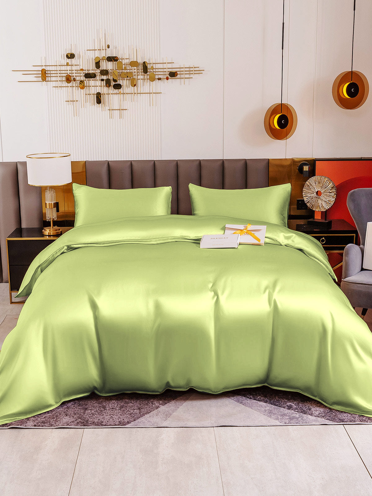 SilkSilky SA 19Momme الحرير الخالص Bedding Set المياهالخضراء 010