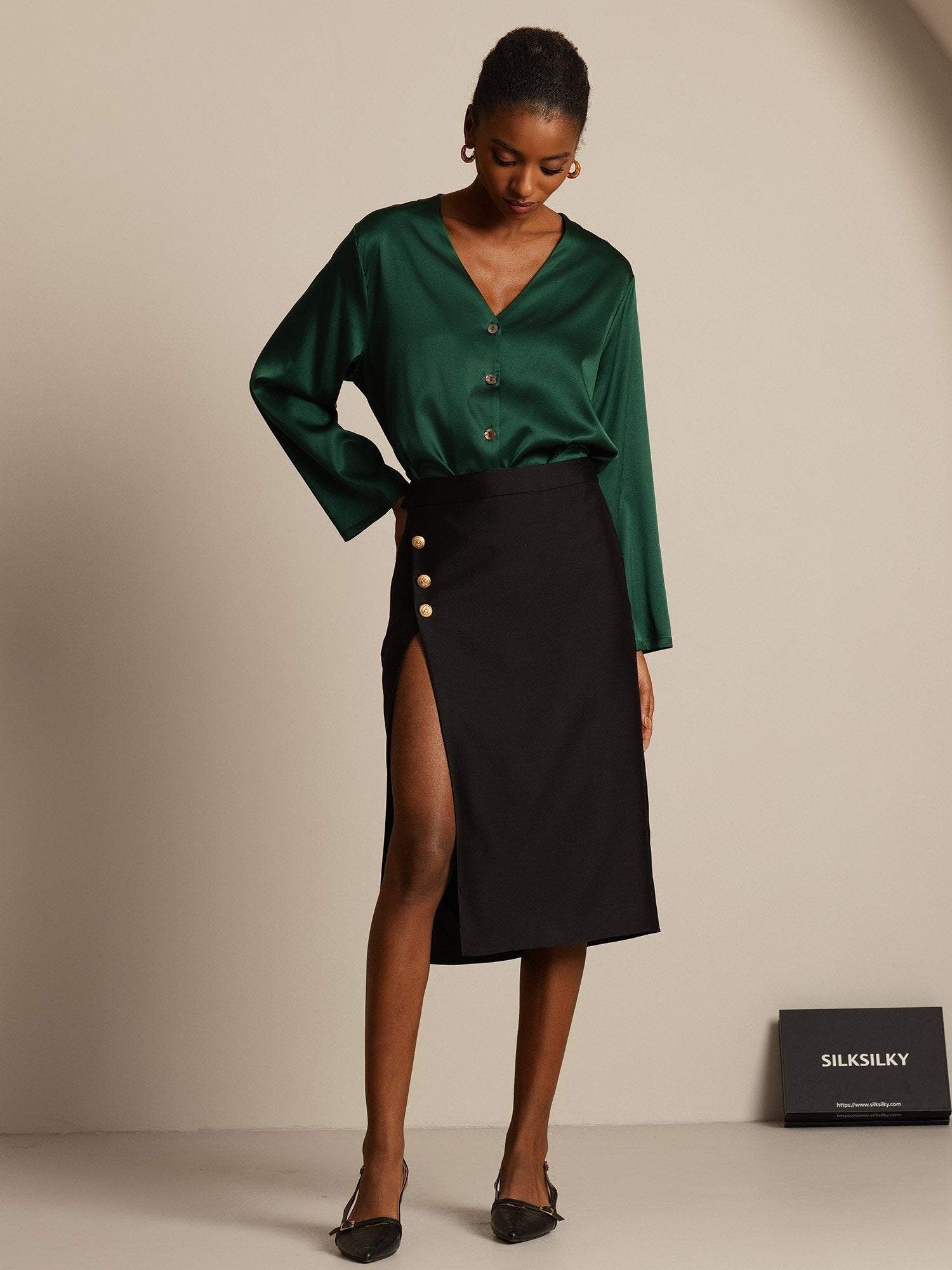 [أسود] SilkSilky-SA 32Momme الحرير Split تنانير نسائية 008,