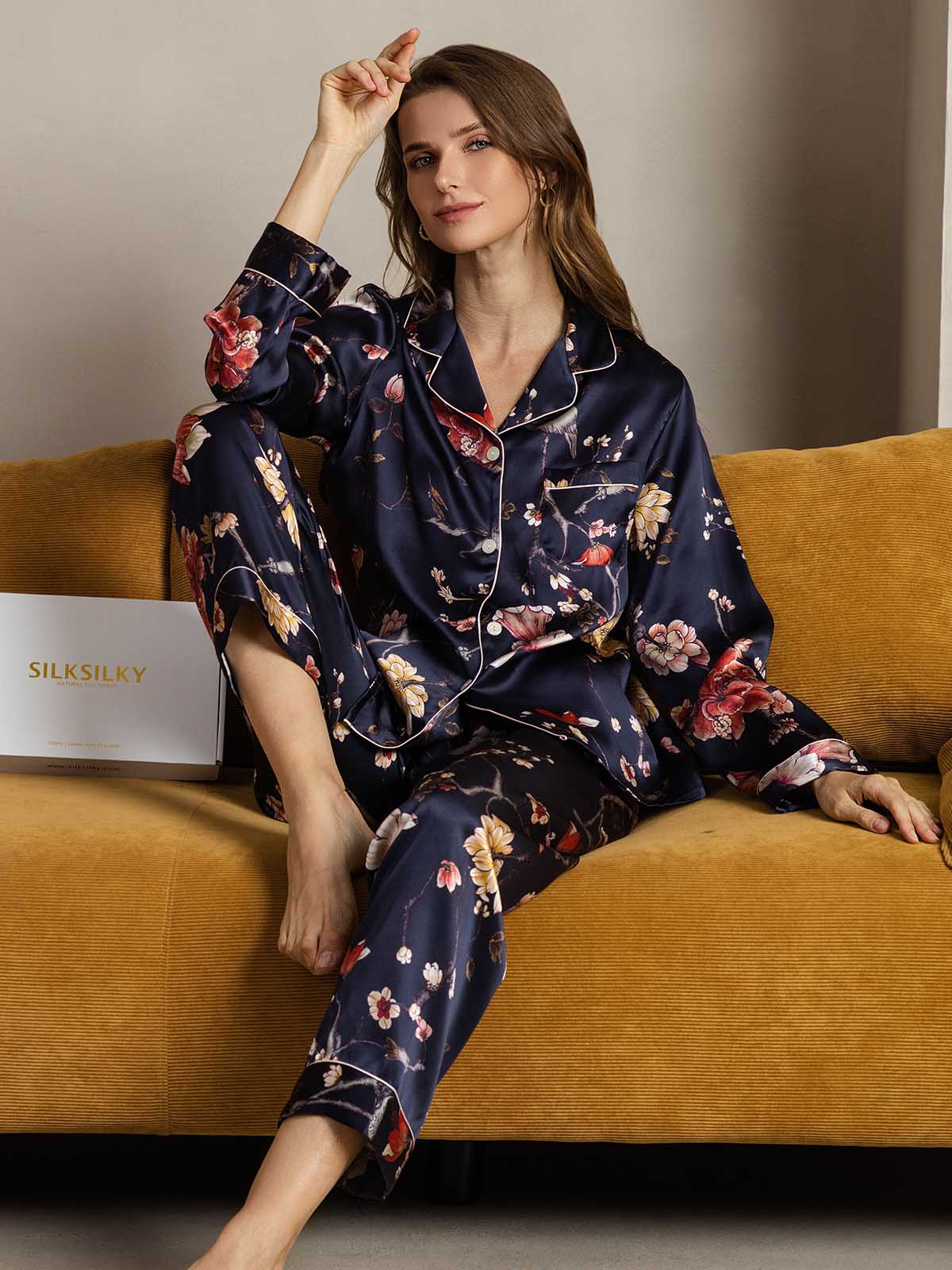 [زهري كحلي] SilkSilky-SA الحرير الخالص Womens Pajamas 003