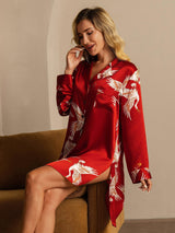 [احمر غامق] SilkSilky-SA 19Momme الأكمام الطويلة طوق ذو فتحة باس النوم 007