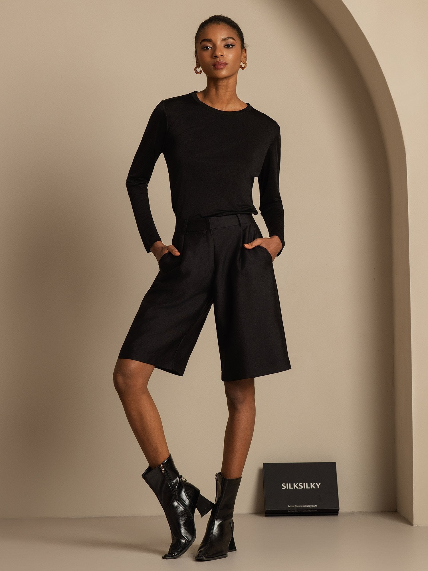 [أسود] SilkSilky-SA 32Momme الحرير Womens Shorts 005,