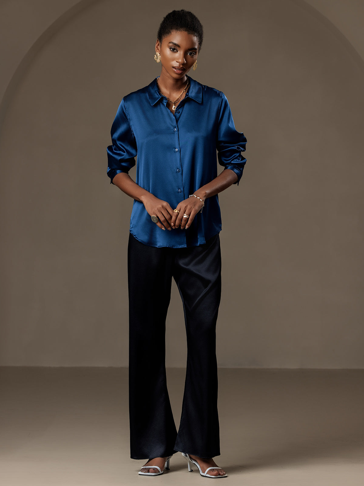 [المياه الخضراء] SilkSilky-SA الحرير الأكمام الطويلة الياقة بلايز نسائية 005