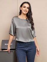 [الرمادي الداكن] SilkSilky-SA نصف الأكمام ياقة عميقة دائرية تي شيرت نسائية 005