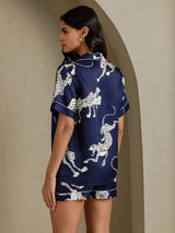 [فهد أزرق داكن] SilkSilky-SA Short Sleeve Notch Collar طقم بيجامة نسائي 002