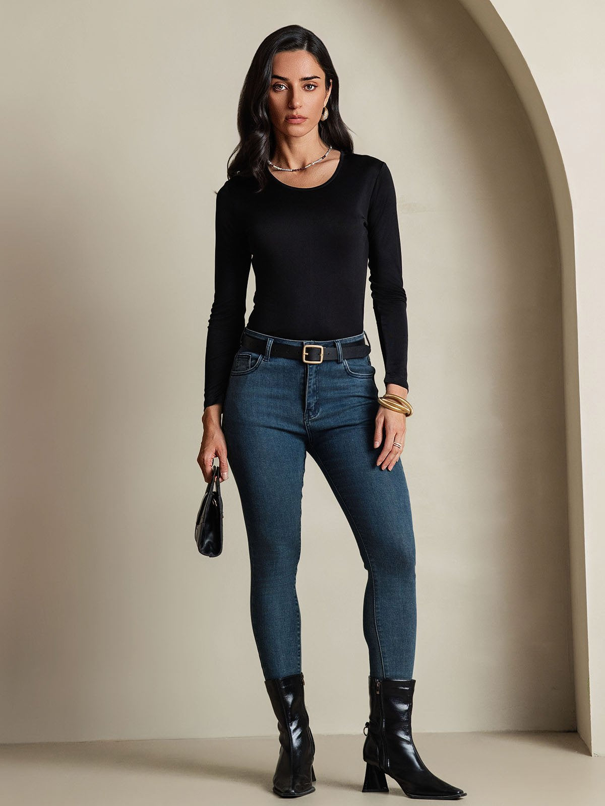 [أسود] SilkSilky-SA الحرير رقبة مستديرة تي شيرت نسائية 006,