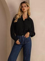 [أسود] SilkSilky-SA Long Sleeve Lapel Collar بلايز نسائية 005