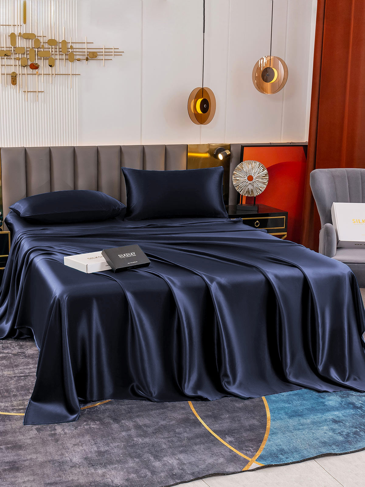 SilkSilky SA 19Momme الحرير الخالص Bedding Set أزرقغامق 003