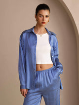 [مقلم دقيق أزرق] SilkSilky-SA Long Sleeve Lapel Collar Women's Outfit Sets 005