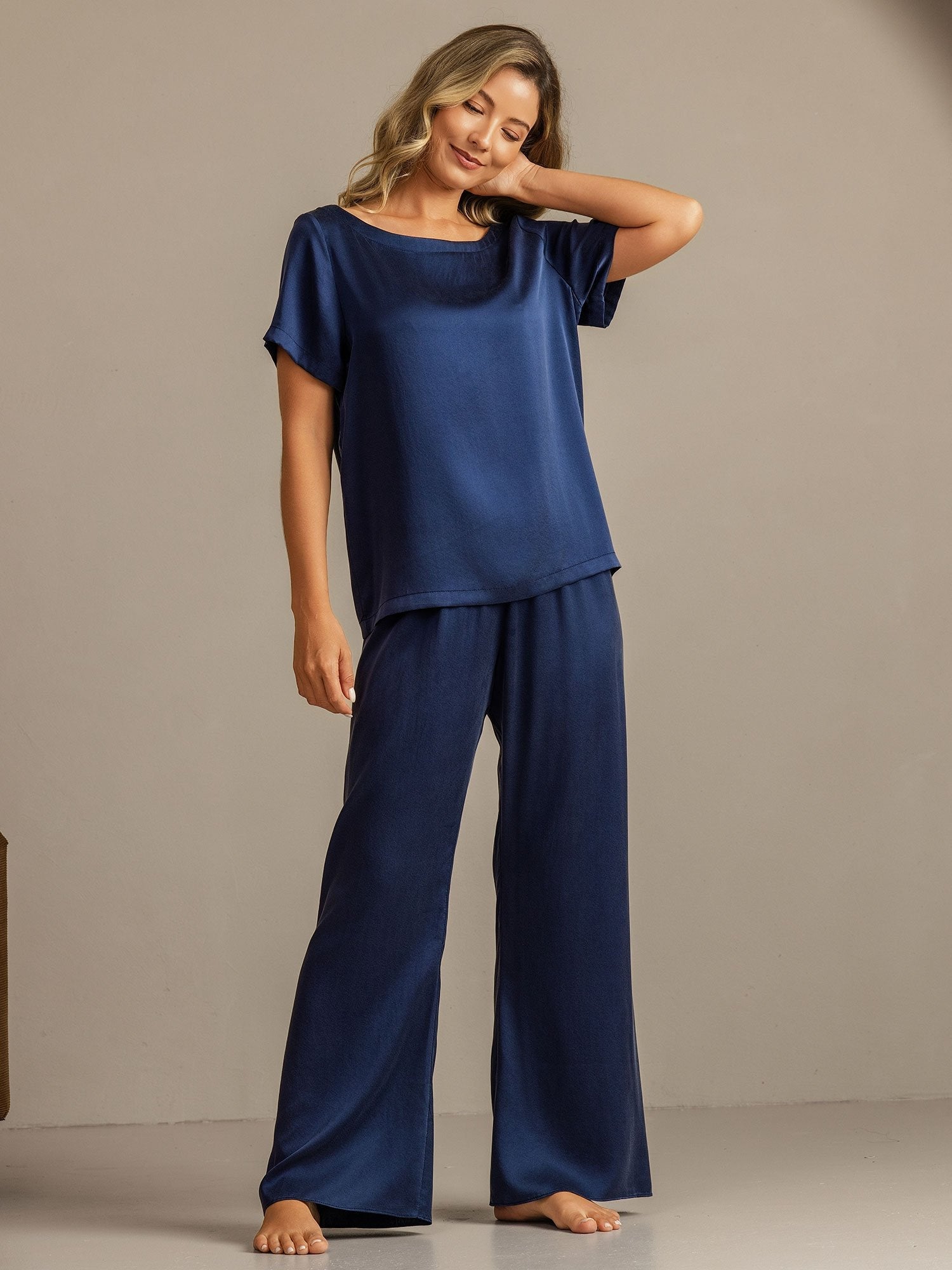 [أزرقغامق] SilkSilky-SA 19Momme الحرير Womens Pajamas 006