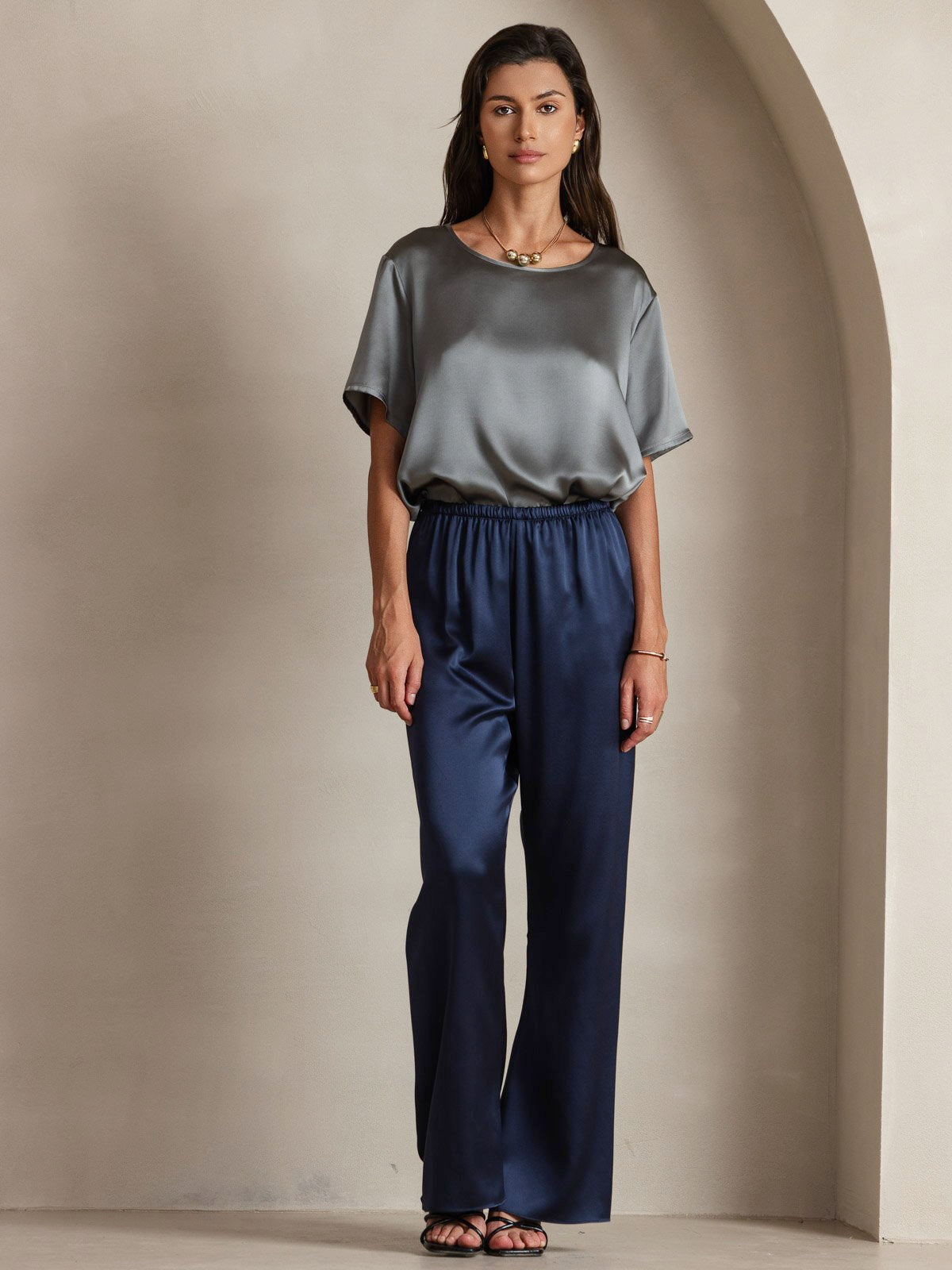 [أزرق غامق] SilkSilky-SA 19Momme الحرير Womens Pants 005