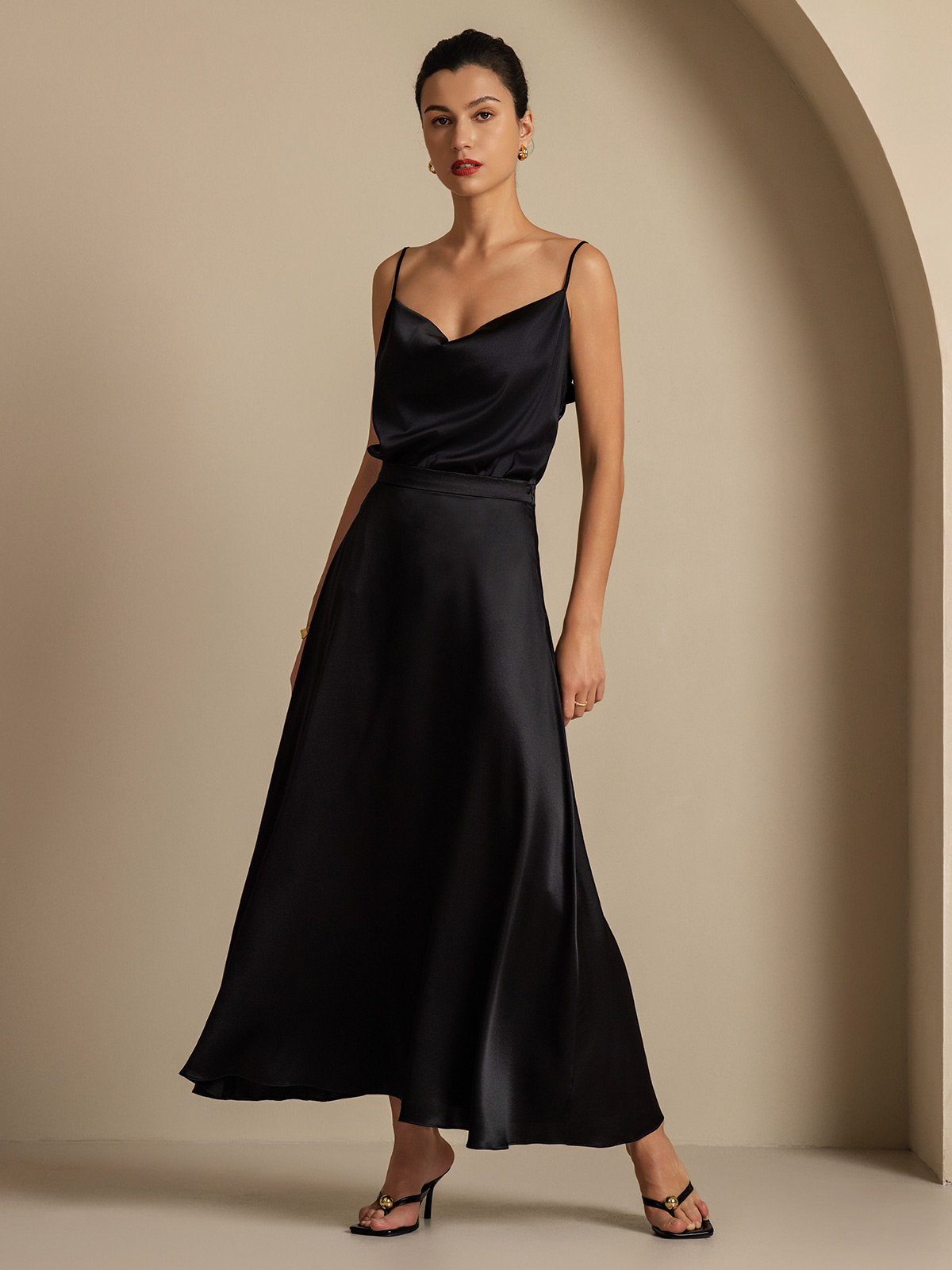 [أسود] SilkSilky-SA 19Momme الحرير فتحة عنق بثنيات ملفوفة Women''s Outfit Sets 009,