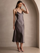 [كاكي غامق] SilkSilky-SA Sleeveless V Neck فساتين نسائية 007