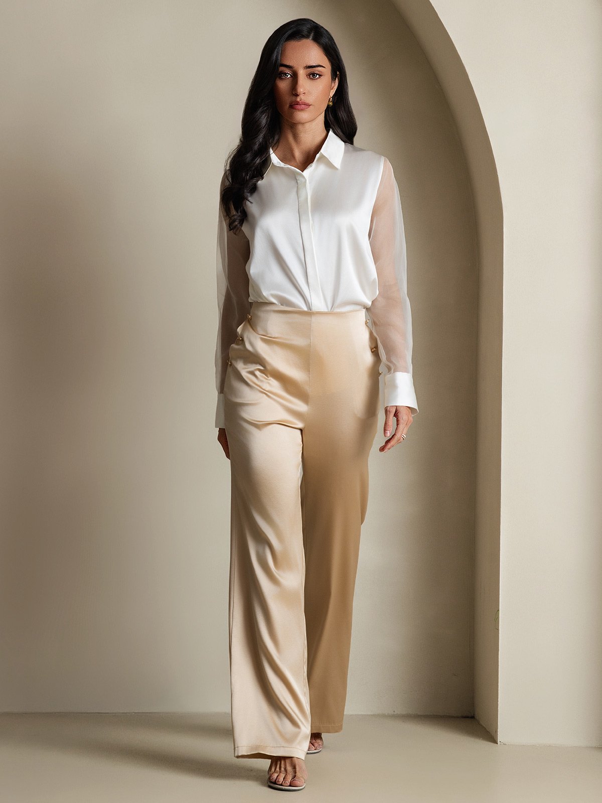 [أبيض] SilkSilky-SA 19Momme الحرير Lapel Collar بلايز نسائية 006