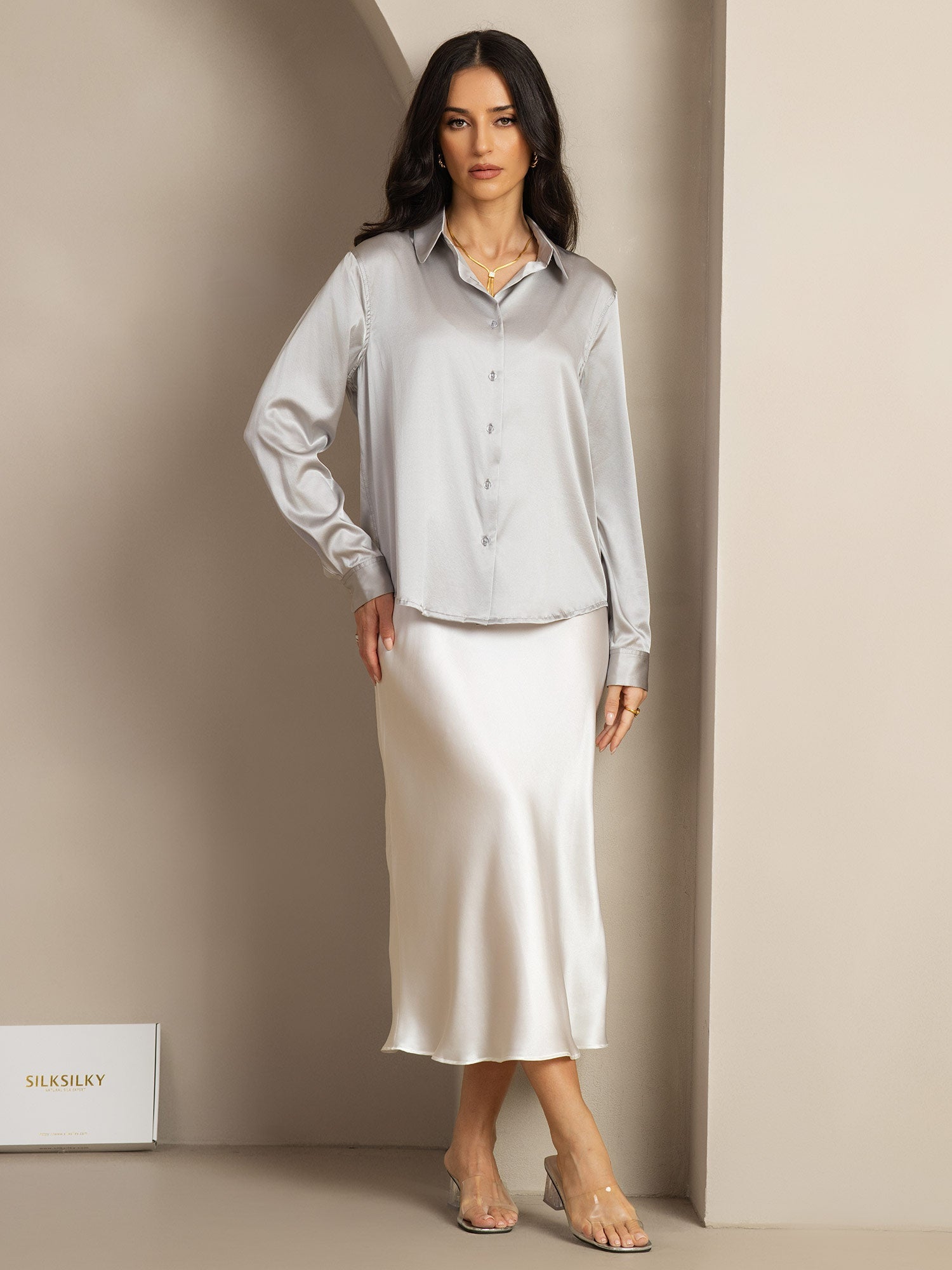 [رمادي فاتح] SilkSilky-SA الحرير Lapel Collar بلايز نسائية 004