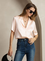 [لون القرنفل] SilkSilky-SA Short Sleeve Notch Collar بلايز نسائية 005