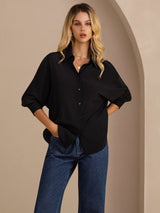 [أسود] SilkSilky-SA Long Sleeve Lapel Collar بلايز نسائية 001
